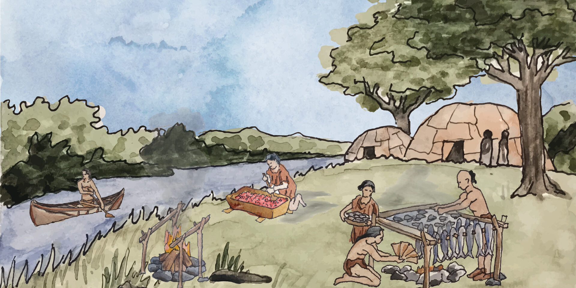 Illustration of several native peoples on the banks of a river mashing berries, cooking fish over a fire, and canoeing down the river.
