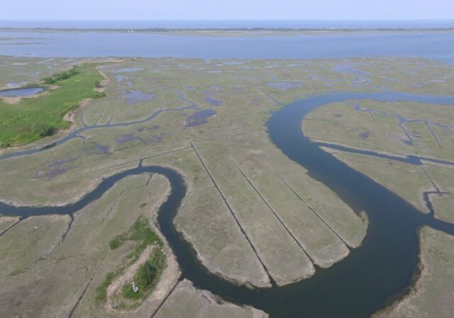 A birds-eye view of a river surrounded by marsh with Plum Island Sound in the distance.